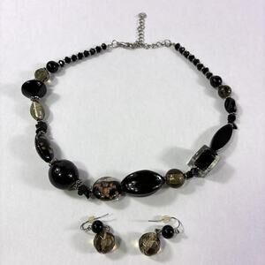 Vintage Glass Beaded Necklace Silver Tone Accents 18" w/ Earrings